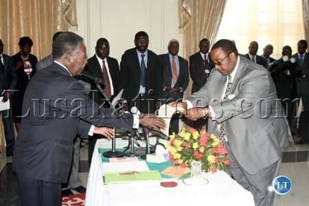Defense Minister Geoffrey Bwalya Mwamba at the swearing-in ceremony at